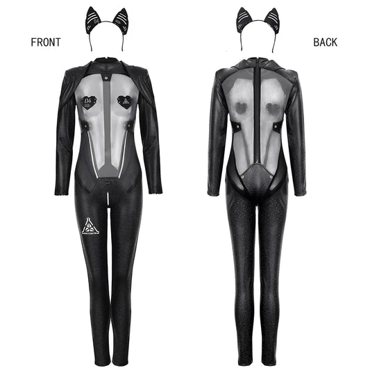 Tactical Anime Girl PU Leather Sheer Mesh Sexy Cosplay Full Bodysuit Costume