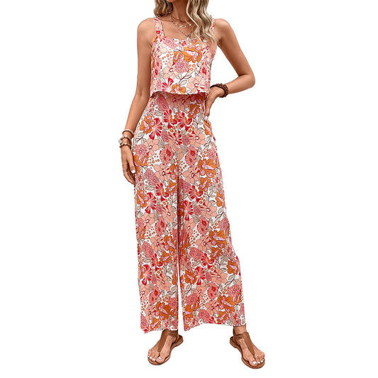 Women's Printed Square-Neck Camisole Cropped Jumpsuit
