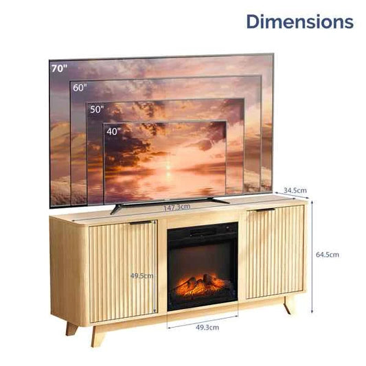 Oak Finish Fireplace TV Stand With 18 Inch Insert & Double Grid Doors, Embossed Particle Board Media Console 58 X 13.6 X 25.4 Inch