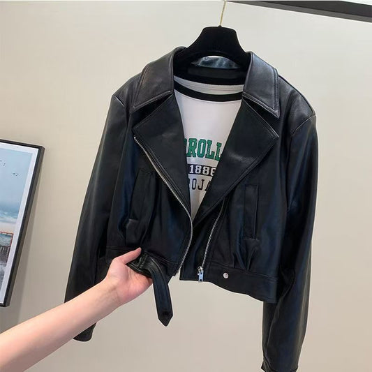 Women's Cropped PU Leather Jacket