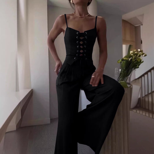 Women’s Sexy Hollow-Out Strap Top & Wide-Leg Pants Set – Casual Summer 2-Piece Outfit