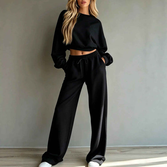 Women’s Casual Hooded Sweatshirt & Wide-Leg Pants Set – Long-Sleeve Two-Piece Sports Outfit