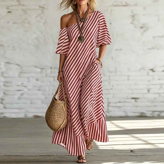 Asymmetrical One-Shoulder Striped Maxi Dress – Puff Sleeve Ruffle Hem Loose Vacation Dress with Pockets