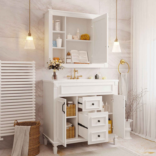 36-Inch White Bathroom Vanity with Sink & Mirror Cabinet – Modern Storage Vanity with Soft-Close Doors