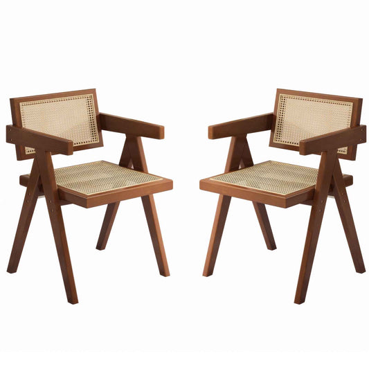 Modern Mid-Century Dining Chairs Set of 2 – Brown Rattan Accent Armchairs with Rubber Wood Frame (Deliver United States Only)