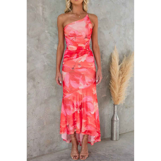 Floral Print One-Shoulder Maxi Dress – Women's Casual Summer Botanical Long Dress