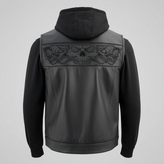 Milwaukee Leather Men's Black Leather Vest with Reflective Skulls & Full Hoodie Liner