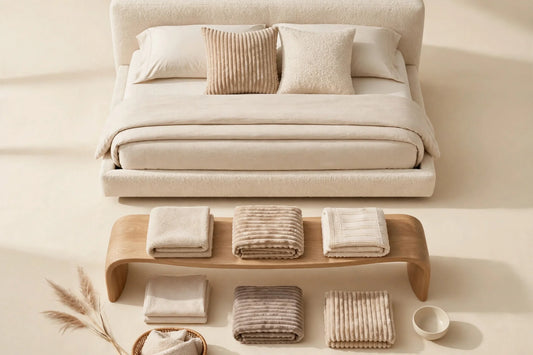 Afternoon bedroom refresh flat-lay — upholstered bed with boucle cushions, sculpted bench and folded throws on a warm cream background