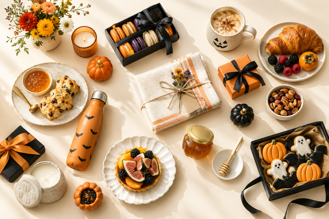 Elegant flat-lay of Halloween gift picks and brunch treats with seasonal orange accents on a warm cream background