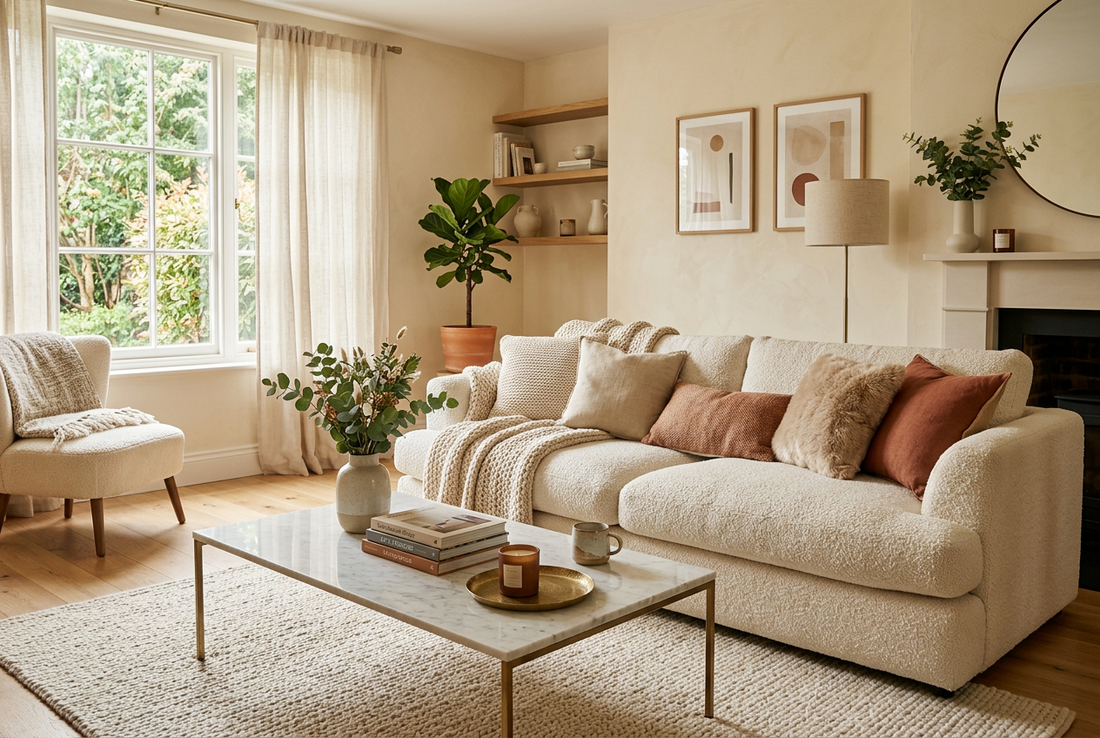 Cozy modern living room with a plush cloud-soft sofa and marble coffee table