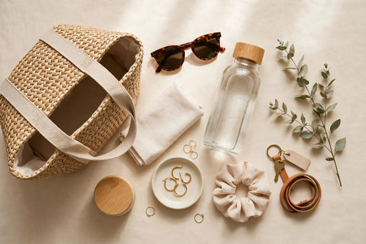 Morning essentials flat-lay on a warm cream background
