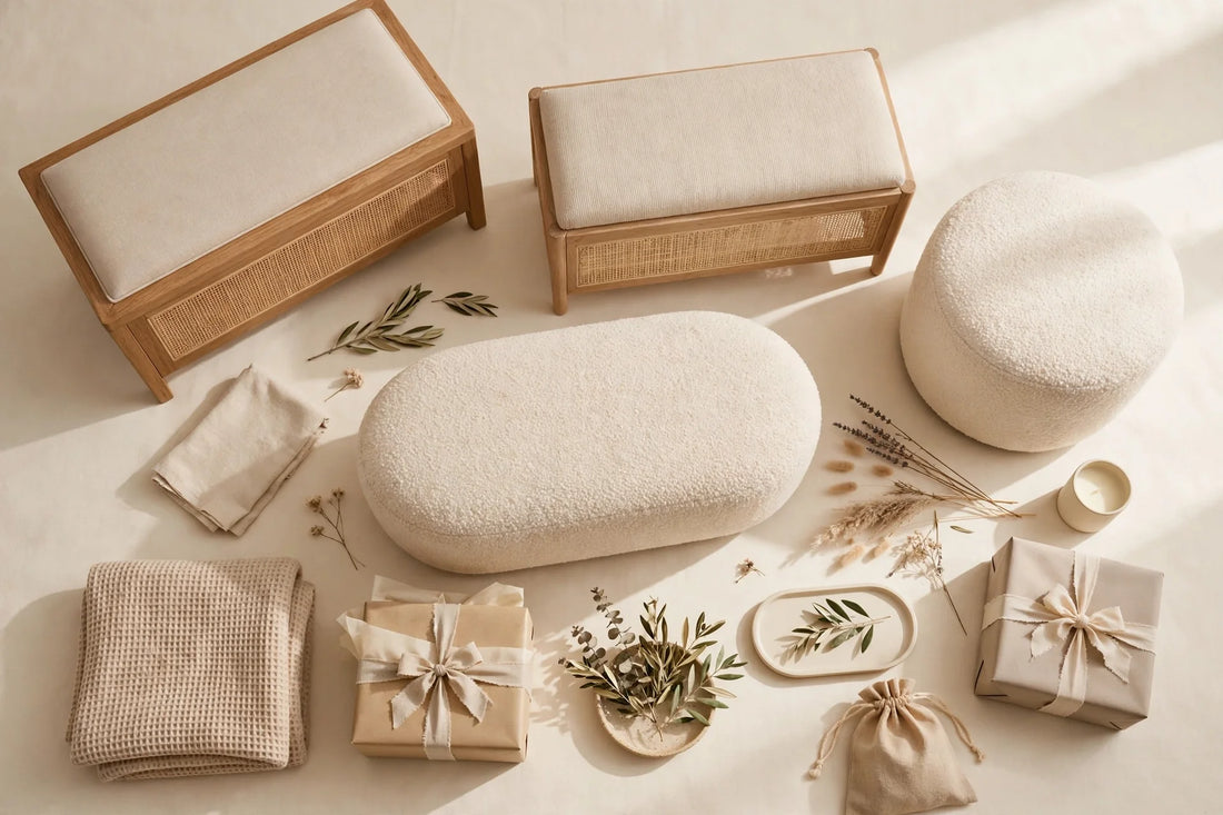 Late-morning cozy home gift finds flat-lay with elegant benches and gift boxes