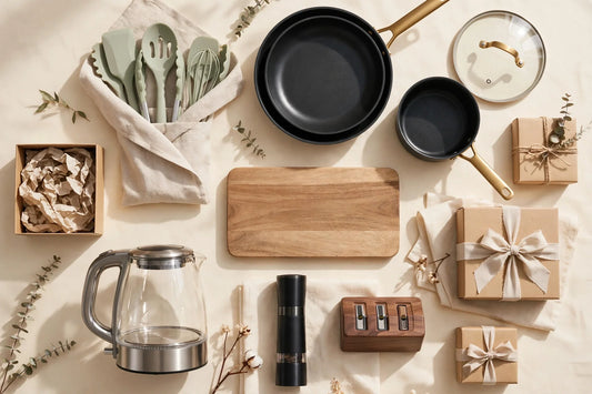 Late-morning kitchen gifts for the cook flat-lay — utensils, cookware, cutting board, kettle, pepper grinder and knife sharpener on a warm cream background