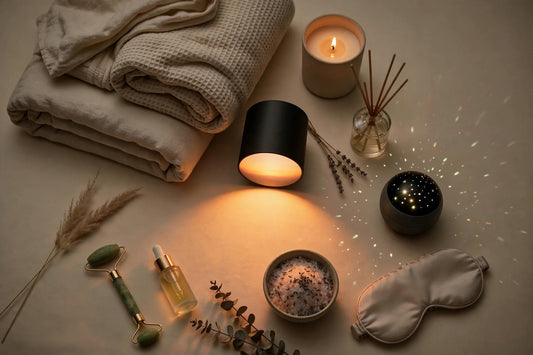 Cozy wind-down flat-lay: candles, reed diffuser, glowing lamp, star projector and sleep mask on warm cream
