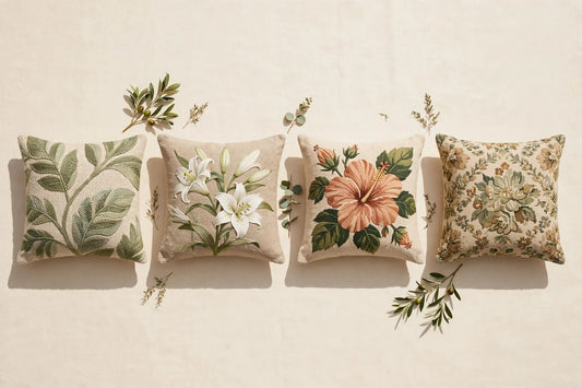 Botanical woven throw pillows flat-lay on a warm cream background