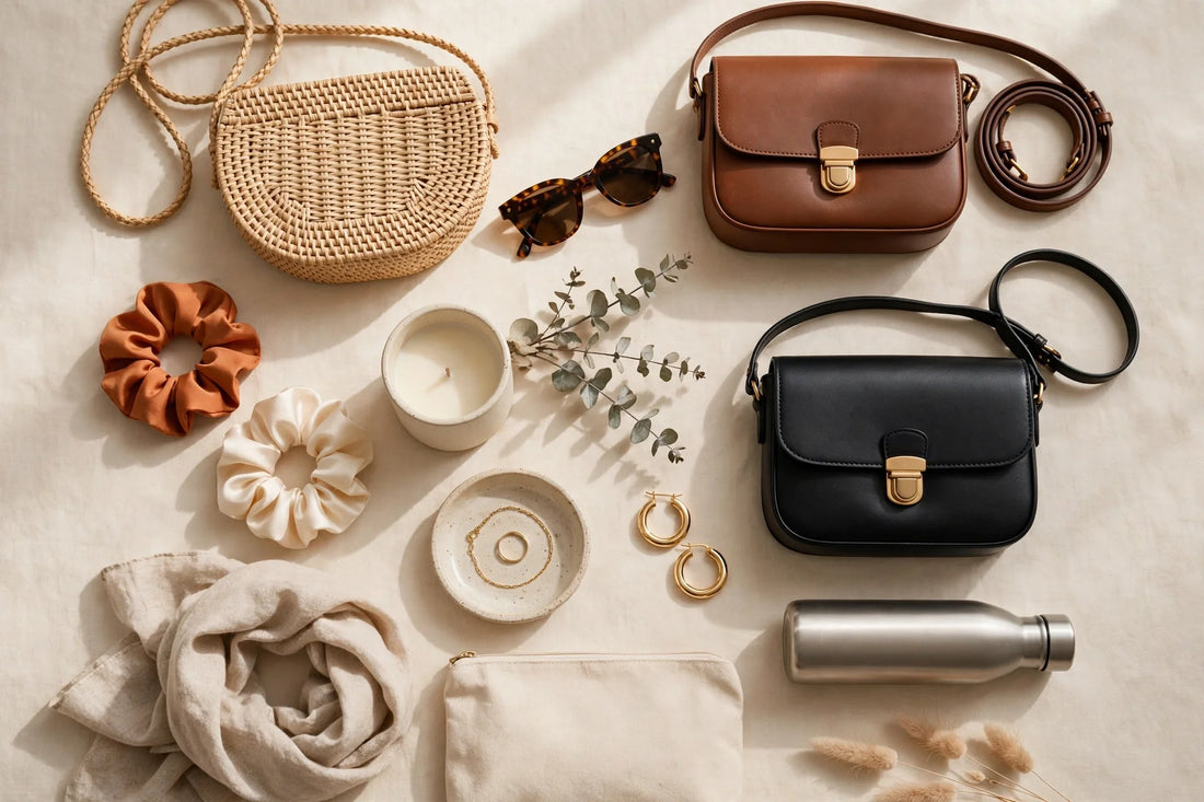 Crossbody bags flat-lay on a warm cream background
