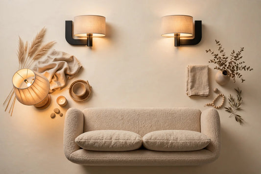 Evening ambience flat-lay of glowing table lamp, wall sconces and cozy sofa
