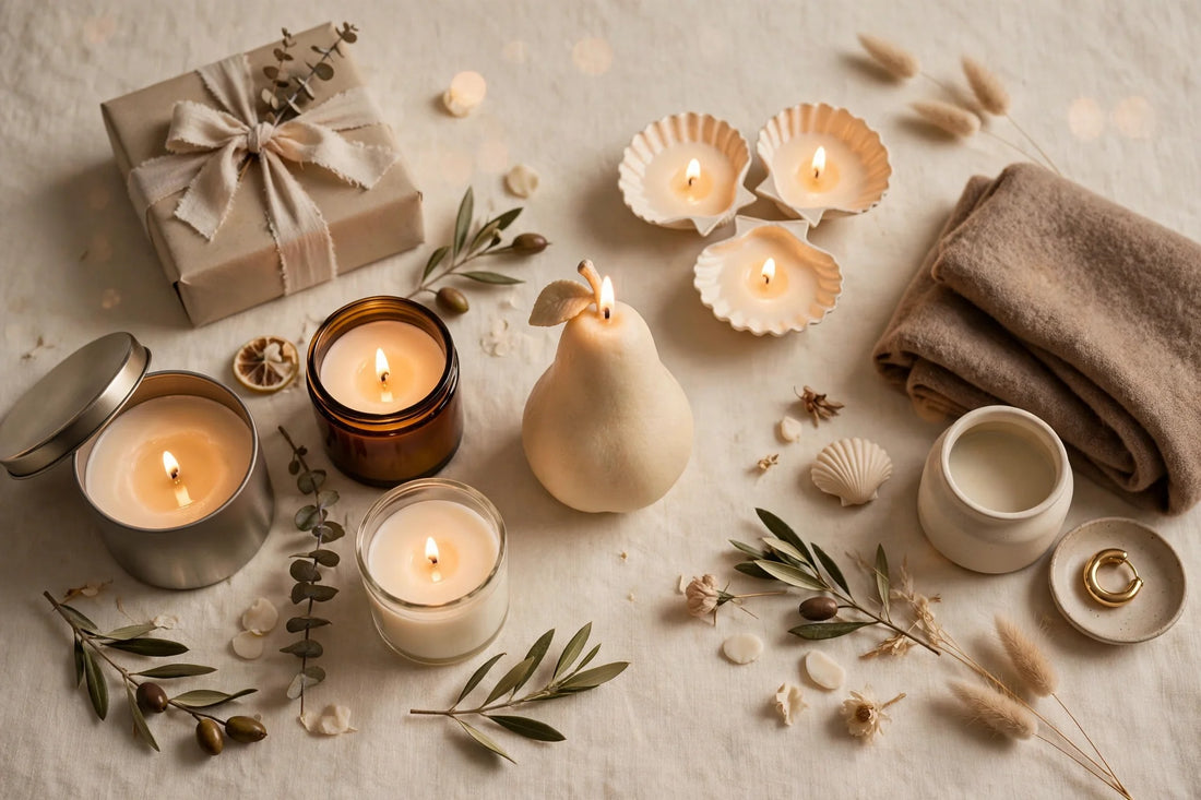 Cozy glow candle gift picks on a warm cream background