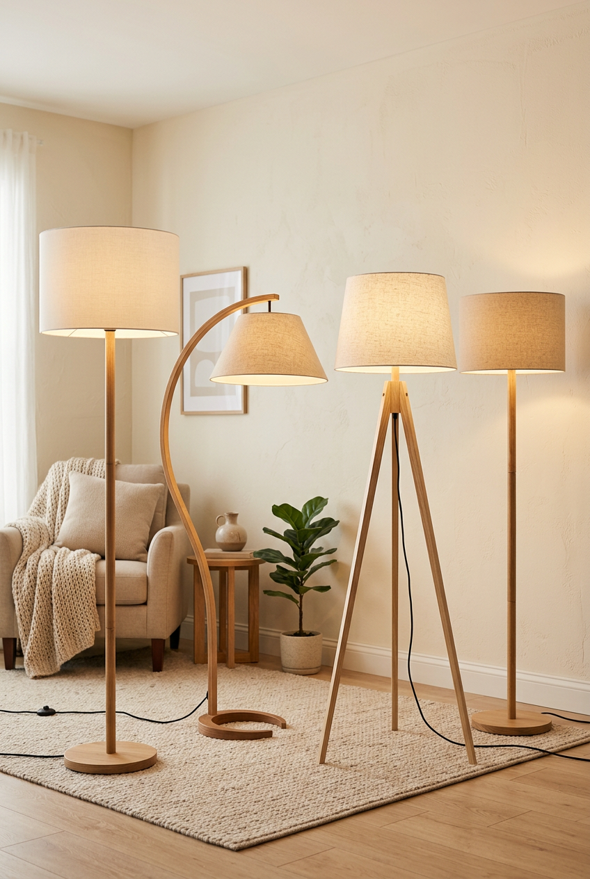 Modern floor lamps with linen shades in a warm cream living room