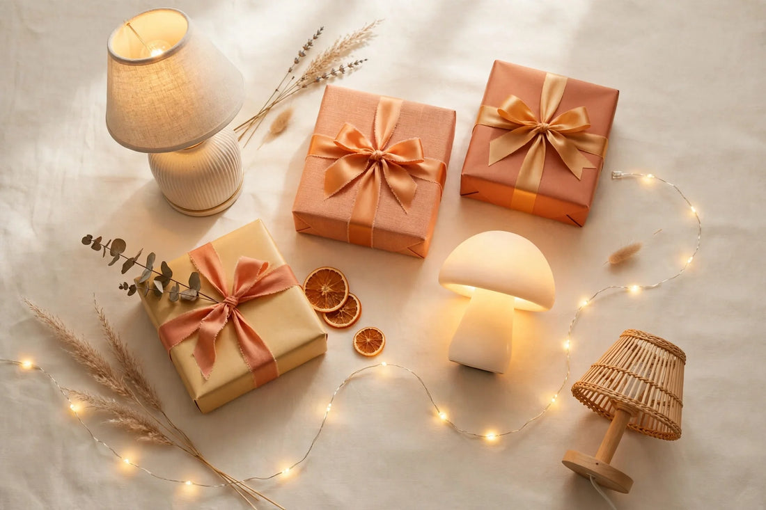 Sunrise gift guide flat-lay of last-minute glow gifts and chic gift boxes in warm sunrise tones
