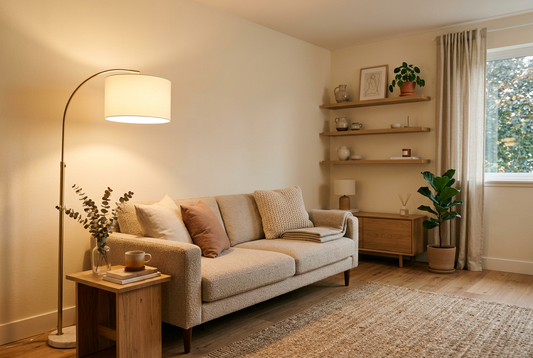 Warm minimalist living room with a modern floor lamp and comfortable fabric sofa