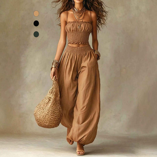 Women's Strapless Two Piece Set – Crop Top and Wide Leg Lantern Pants Outfit