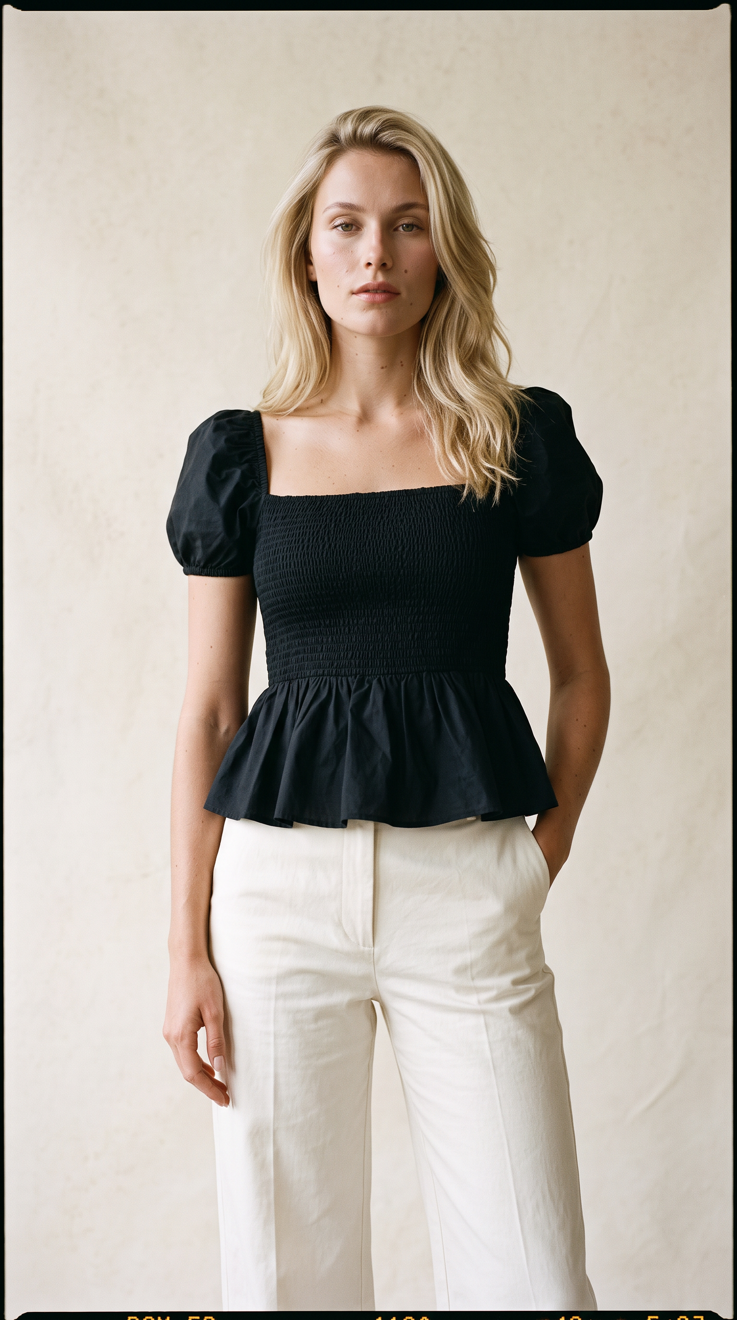 Sera – Cotton Poplin Puff Sleeve Peplum Blouse Top In Black