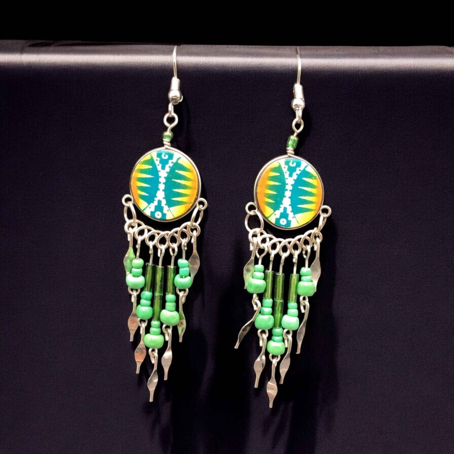 Green and Yellow Southwestern Round Shaped Dangle Earrings