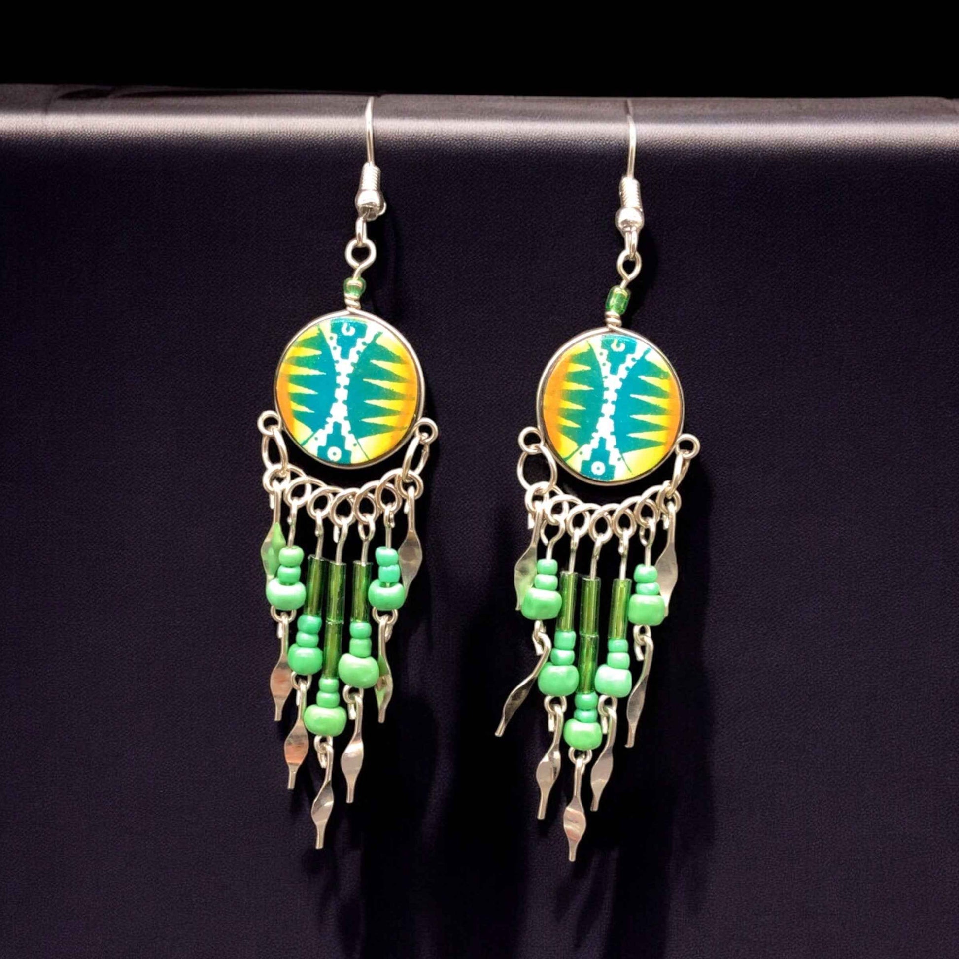 Green and Yellow Southwestern Round Shaped Dangle Earrings