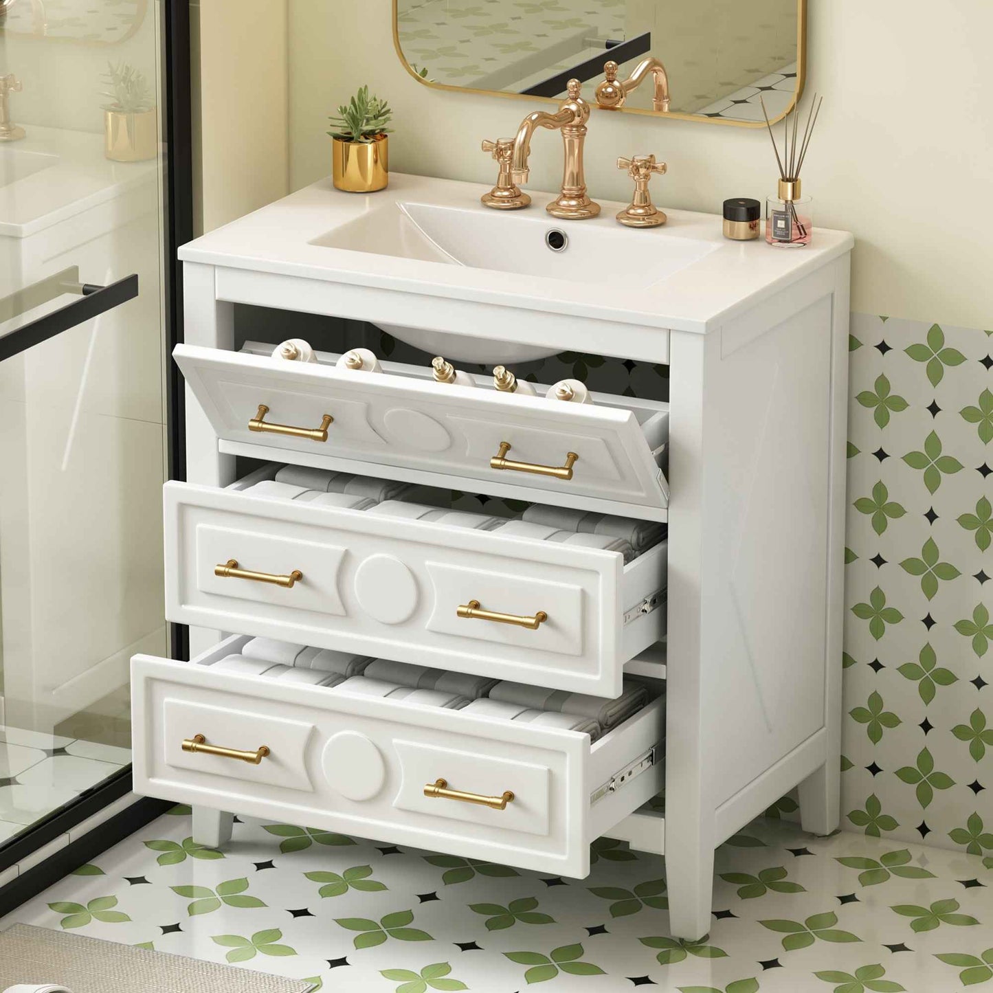 30 Inch Bathroom Vanity with Ceramic Sink – Retro White Freestanding Cabinet with 3 Drawers