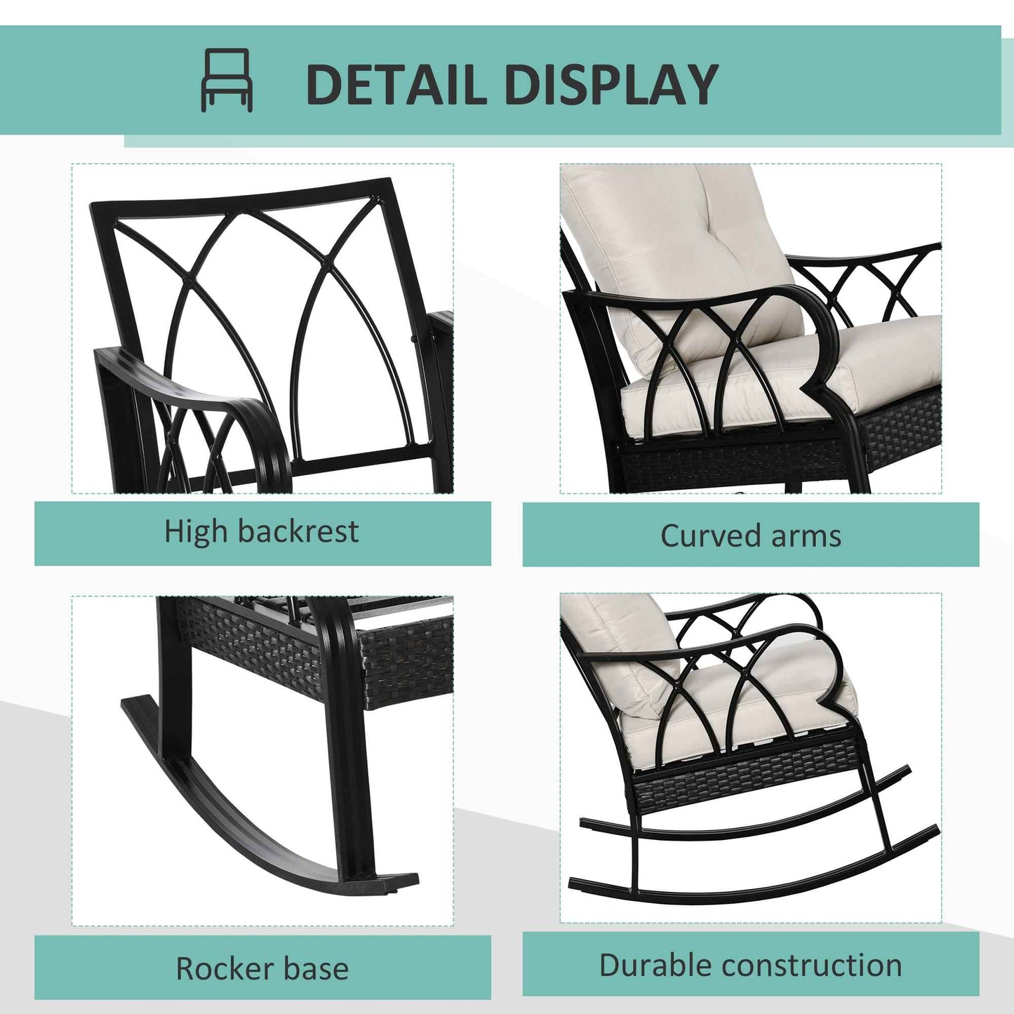Khaki Outdoor Wicker Rocking Chair – Rattan Porch Rocker with Cushions & Aluminum Frame