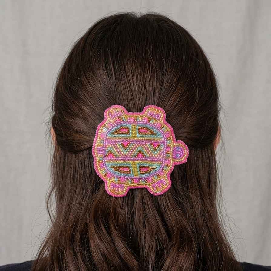 Beaded turtle Barrette pink accent