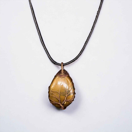 Yellow golden tiger eyes Gemstone Pendant Wrapped w/  bronze  Tree of Life