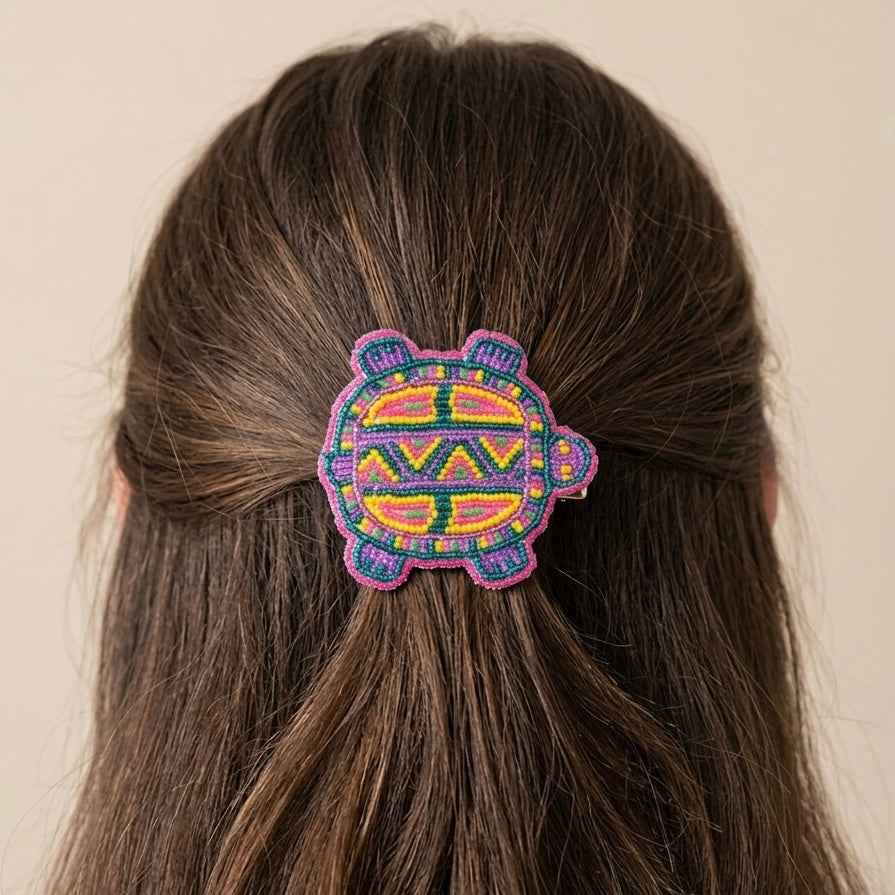 Beaded turtle Barrette pink accent