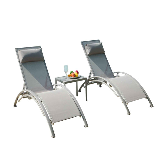 Pool Lounge Chairs Set of 3 – 2 Adjustable Aluminum Chaise Loungers with Side Table, Gray Outdoor Patio Furniture (Deliver to United States Only)