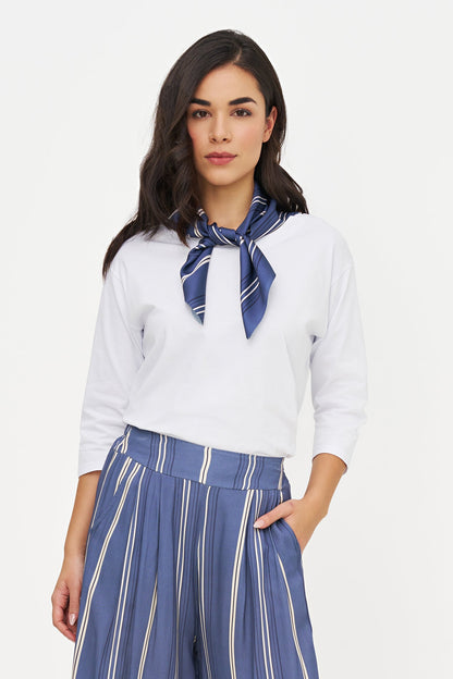Women's Crew-Neck Top, 3/4 Sleeves & Removable Printed Satin Scarf
