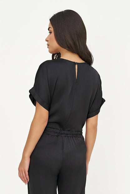 Women's Woven Crew-Neck Top, Short Cuffed Sleeves & Back Button
