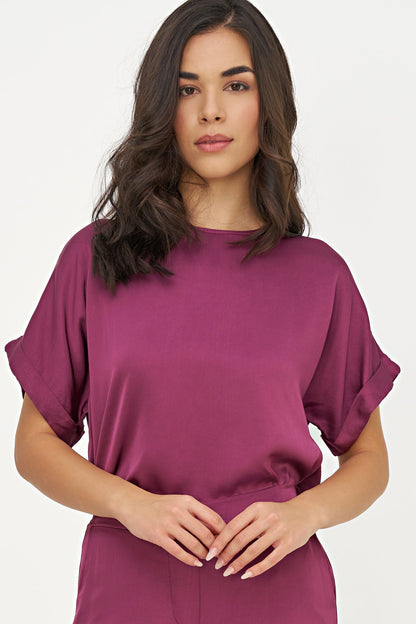 Women's Woven Crew-Neck Top, Short Cuffed Sleeves & Back Button