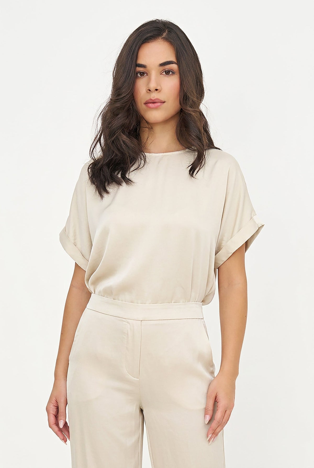 Women's Woven Crew-Neck Top, Short Cuffed Sleeves & Back Button