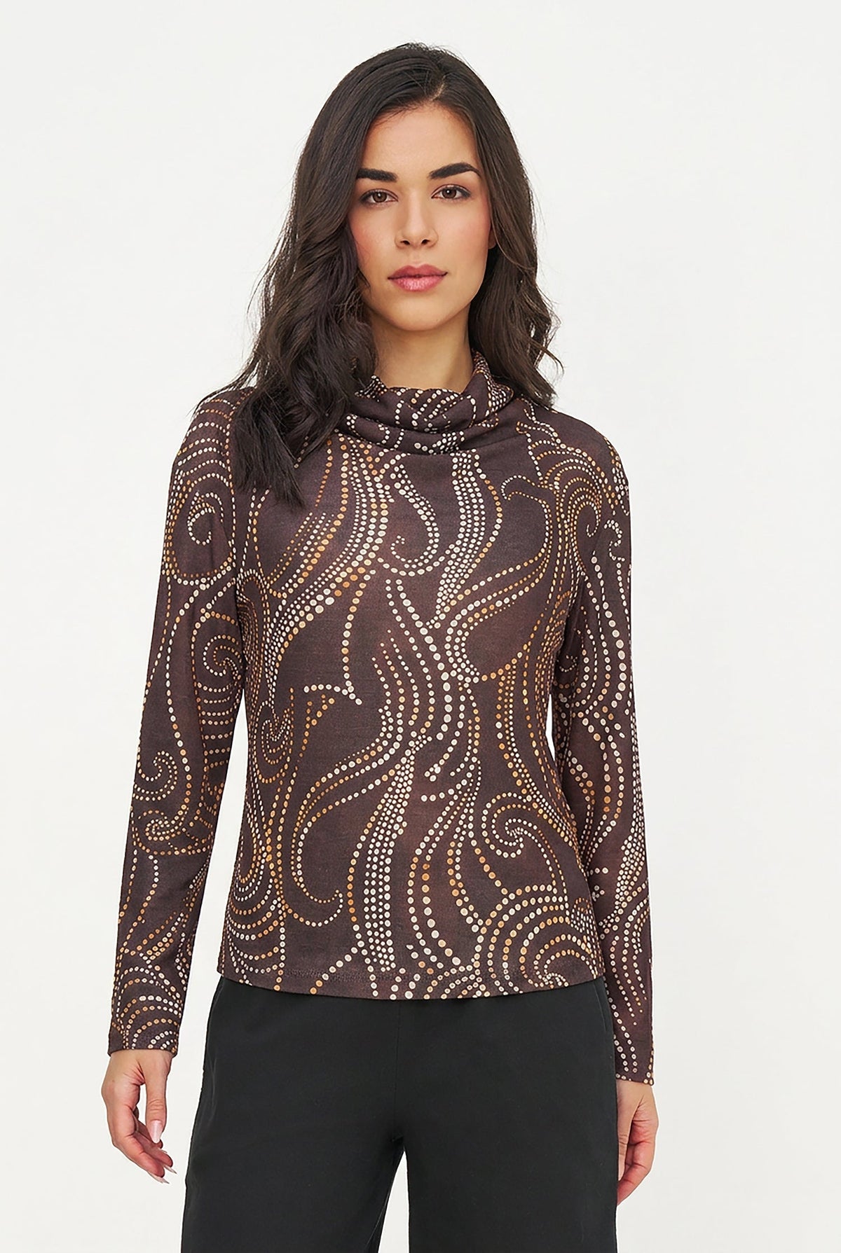 Women's Printed Knit Cowl-Neck Top with Long Sleeves