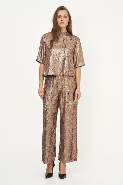 Women's Woven Mock-Neck Top with Elbow-Length Sleeves