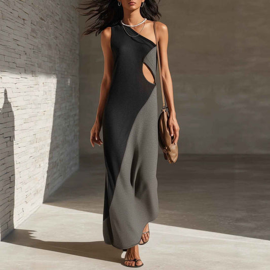 Women's One-Shoulder Color Block Midi Dress – Sleeveless Patchwork Casual Fashion Dress