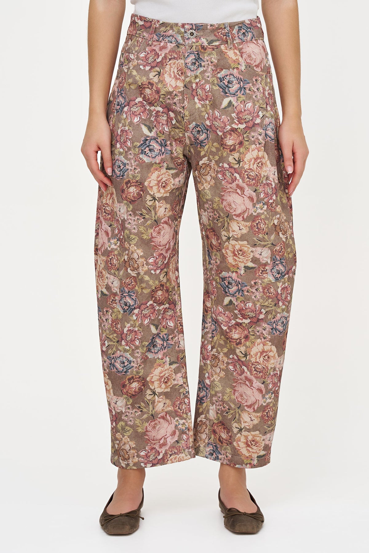 Women's Woven Printed Zip-Up Barrel Leg Pant with Side Seam Pockets & Back Pockets
