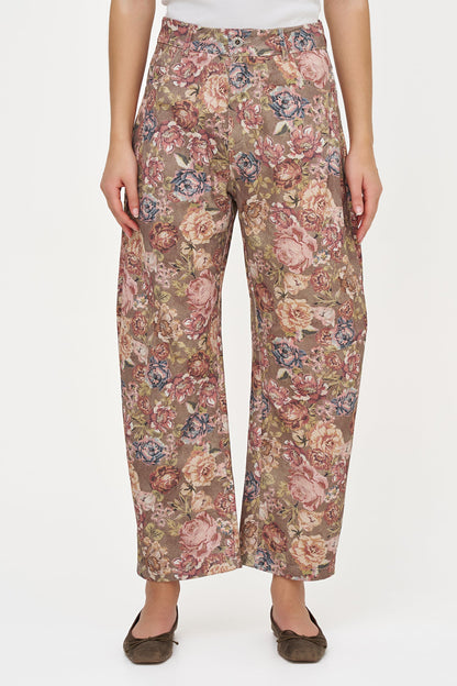 Women's Woven Printed Zip-Up Barrel Leg Pant with Side Seam Pockets & Back Pockets