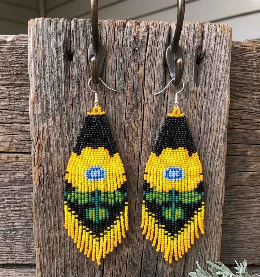 Flower Beaded Earrings ( Yellow )