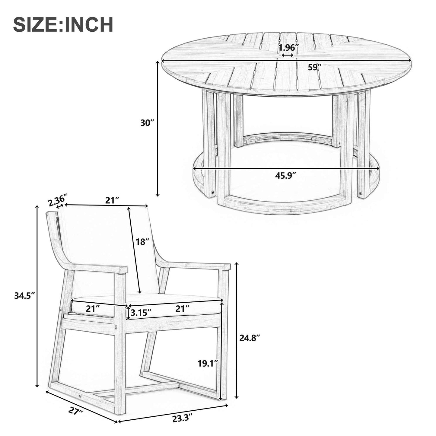 TREXM 7-Piece Outdoor Acacia Wood Dining Set for 6 – 59" Round Table with Umbrella Hole & Removable Beige Cushions, Light Teak (Deliver to United States Only)