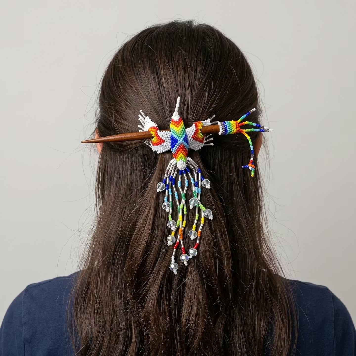 White Hummingbird Beaded Hair Stick