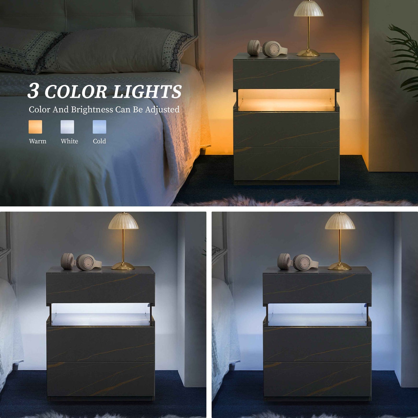 LED Nightstand with 3 Drawers, Acrylic Panel & RGB Lighting – Modern Grey & Gold Bedside Table