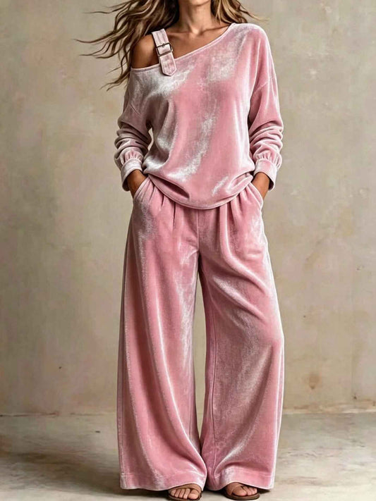Women’s Velvet Two-Piece Set – Elegant Off-Shoulder Long-Sleeve Top & Full-Length Pants