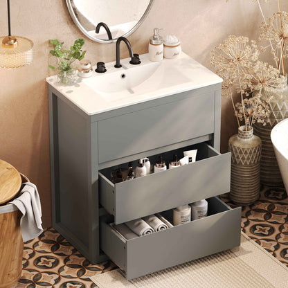 30" Gray Bathroom Vanity with Ceramic Sink – Freestanding Cabinet with 2 Soft-Close Drawers